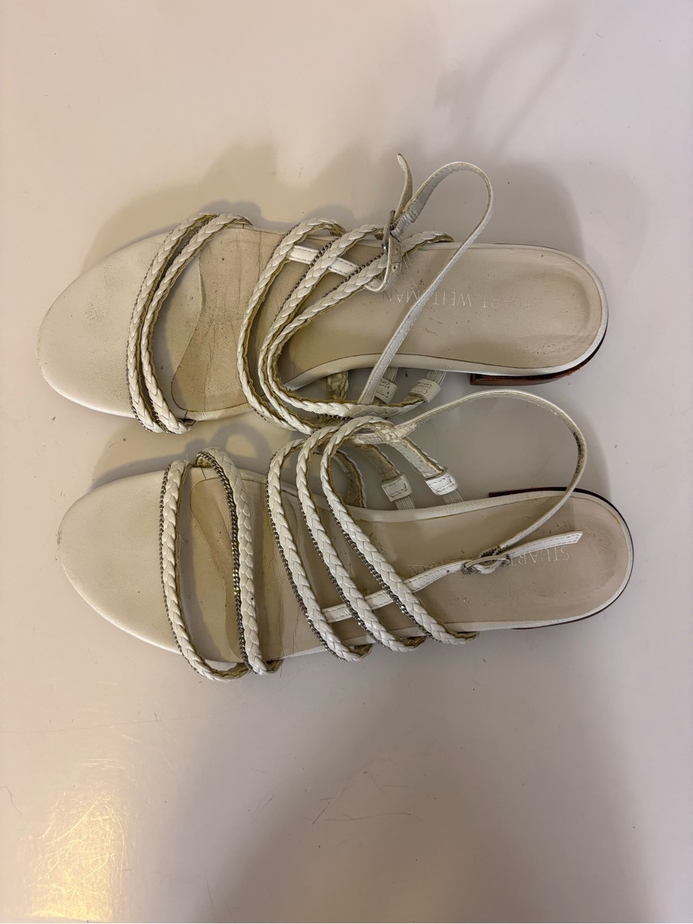 Stuart Weitzman White Leather Braided Strap Sandals 8.5